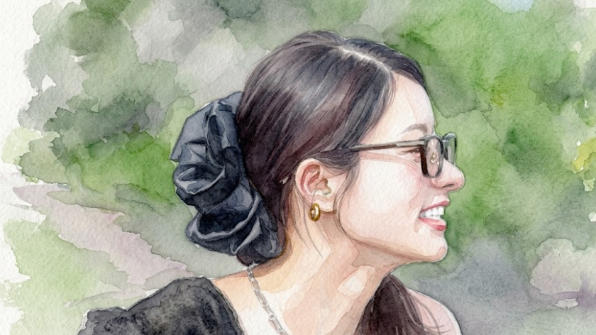 日だまりの中で横顔を見せて微笑む女性の水彩イラスト