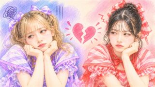 紫の衣装の仲川瑠夏と赤の衣装の月足天音が、割れたハートをはさんで頬づえをついている色鉛筆風のイラスト