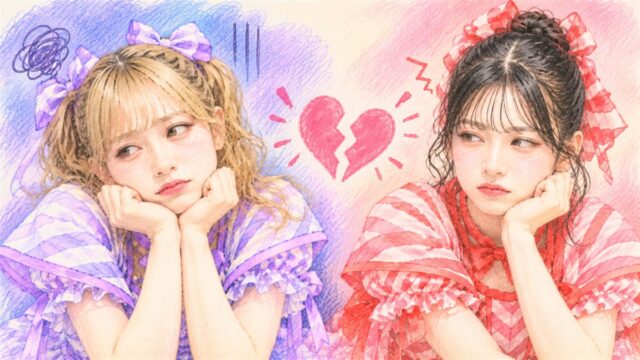 紫の衣装の仲川瑠夏と赤の衣装の月足天音が、割れたハートをはさんで頬づえをついている色鉛筆風のイラスト