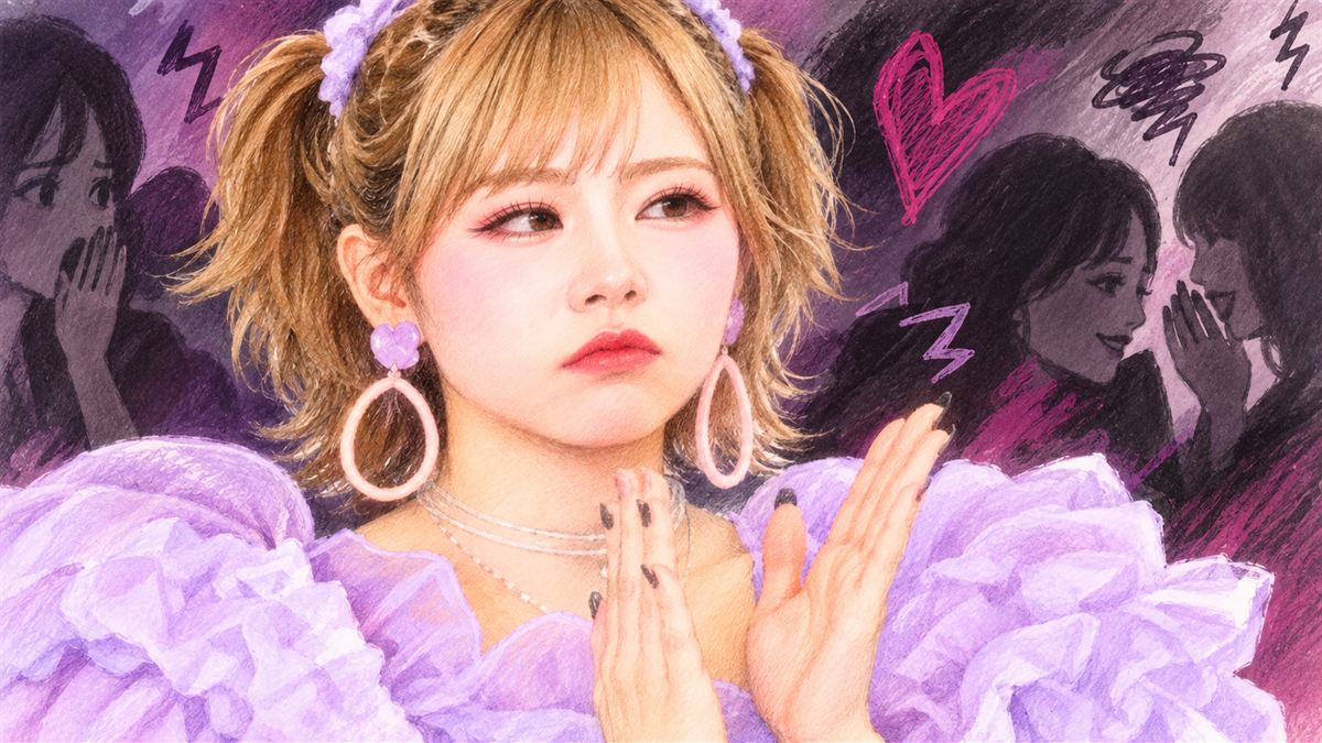 紫の衣装で横を見つめる仲川瑠夏と、背後でひそひそ話す人たちを描いた色鉛筆風のイラスト