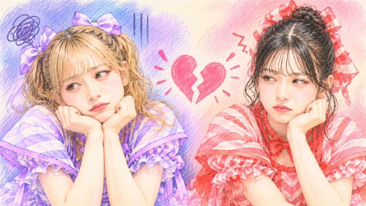 紫の衣装の仲川瑠夏と赤の衣装の月足天音が、割れたハートをはさんで頬づえをついている色鉛筆風のイラスト