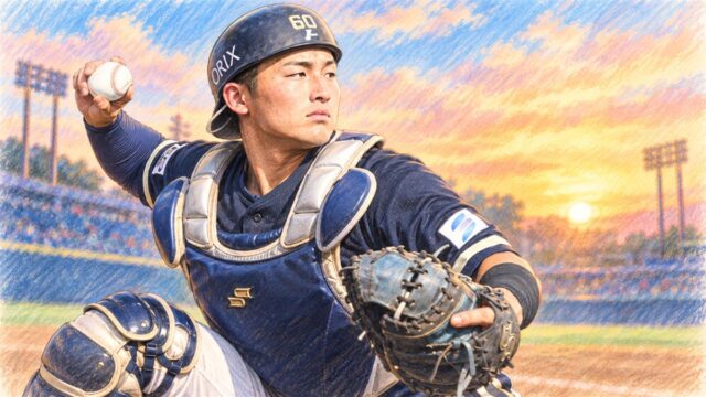 オリックスのユニフォームを着た背番号60の捕手が、夕焼けの球場で送球しようとしている色鉛筆風のイラスト