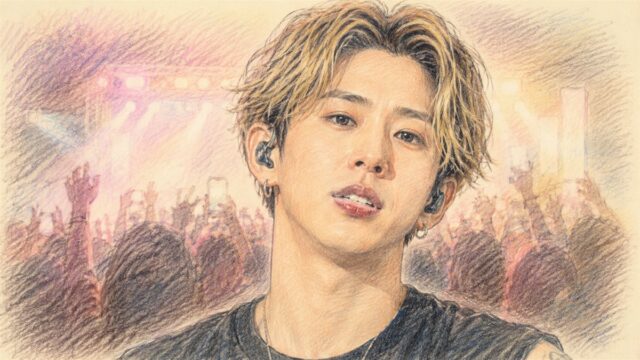 ライブのステージに立つONE OK ROCKのTakaさんと、客席から掲げられたスマートフォンのイラスト