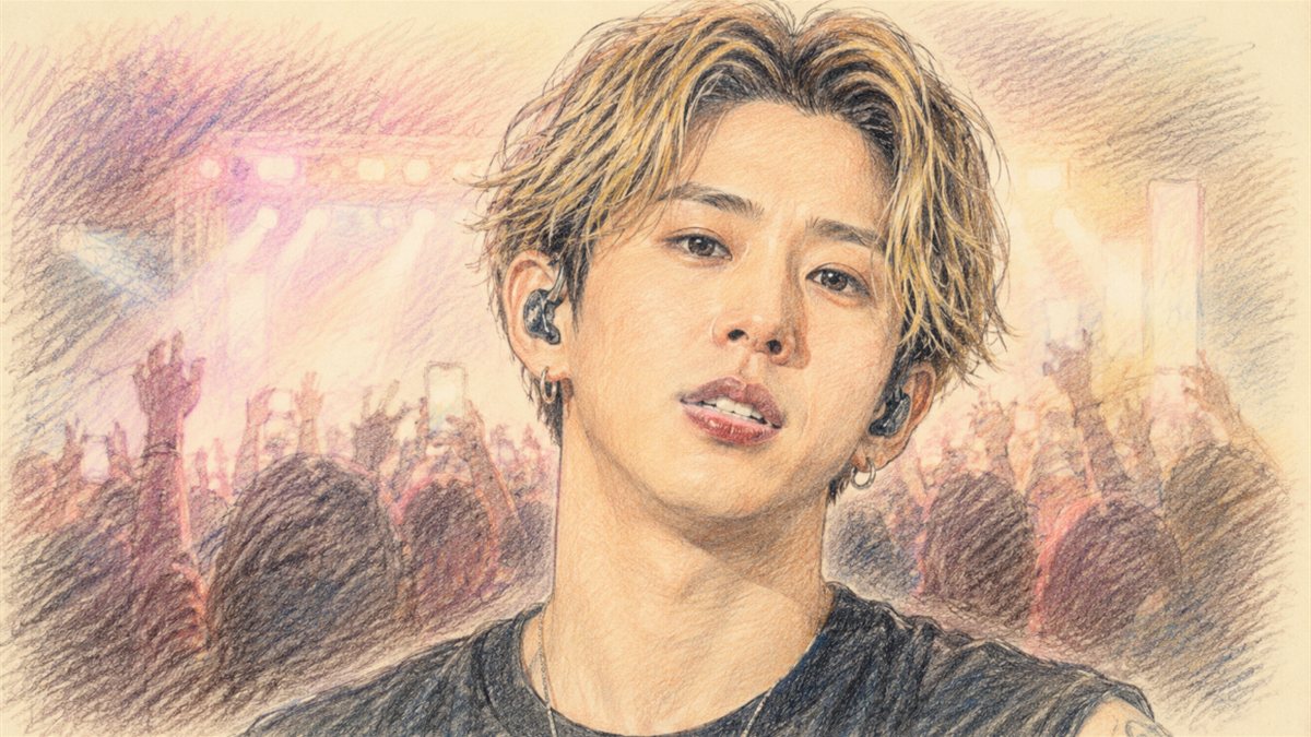ライブのステージに立つONE OK ROCKのTakaさんと、客席から掲げられたスマートフォンのイラスト