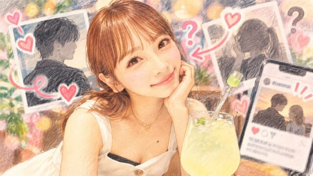 色鉛筆とパステルで描いた川栄李奈のイラストと、ハートや疑問符に囲まれた匂わせのイメージ