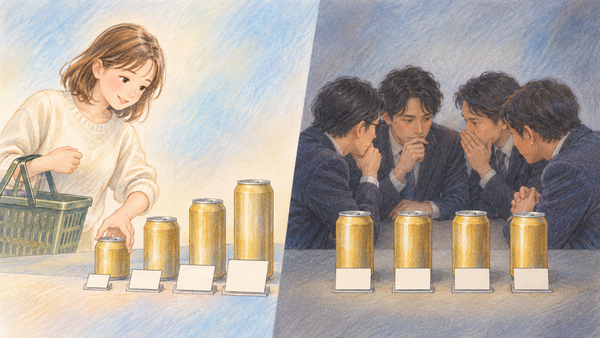 高さの違うビール缶から安いものを選ぶ女性と、同じ値札のビール缶の前でひそひそ相談するスーツ姿の4人を左右に並べたイラスト