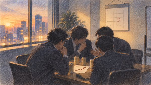 夕方の会議室で、ビール缶と右肩上がりの矢印の紙を囲み、身を寄せて相談するスーツ姿の4人のイラスト