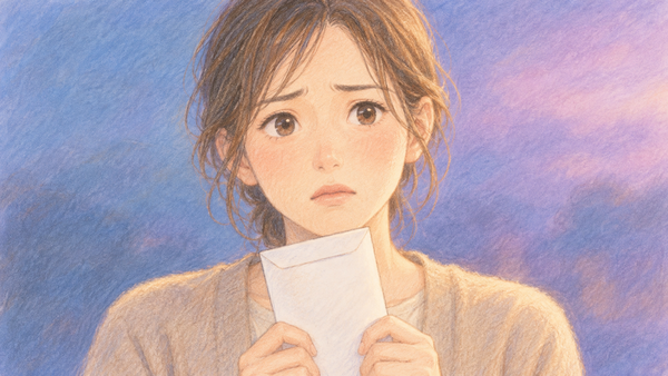 町内の祭りの寄付を頼まれ、白い封筒を手に困った表情の女性のイラスト