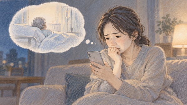 入院している親を心配してスマホを見つめる女性のイラスト