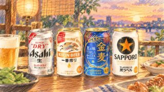 ビール大手4社の缶ビールが並んだ色鉛筆風のイラスト