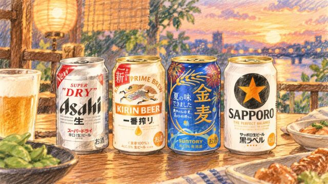 ビール大手4社の缶ビールが並んだ色鉛筆風のイラスト