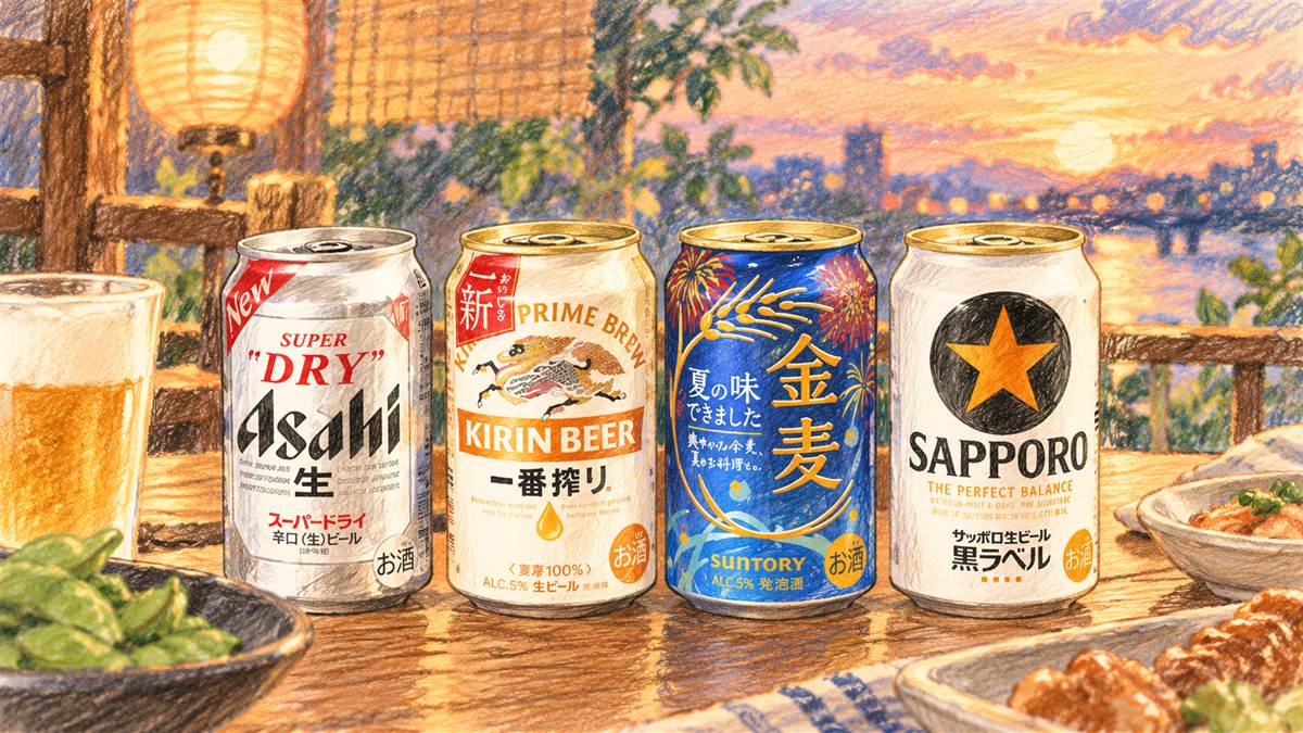ビール大手4社の缶ビールが並んだ色鉛筆風のイラスト