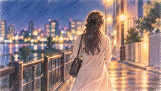 夜の街の水辺を、リボンで髪をまとめた女性が歩いていく後ろ姿のイラスト