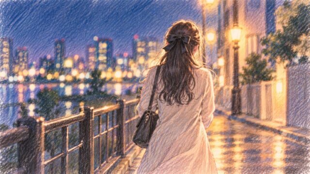 夜の街の水辺を、リボンで髪をまとめた女性が歩いていく後ろ姿のイラスト