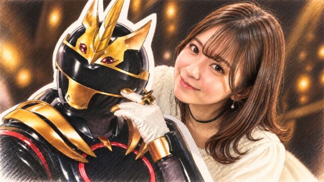 戦隊ヒーローのスーツに寄り添う女性のイラスト（今森茉耶のLINE暴露の記事のアイキャッチ）