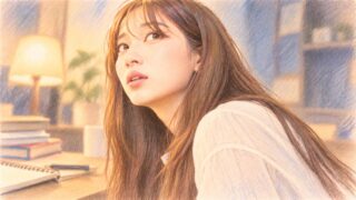机の前で顔を上げる女性を色鉛筆風に描いたイラスト