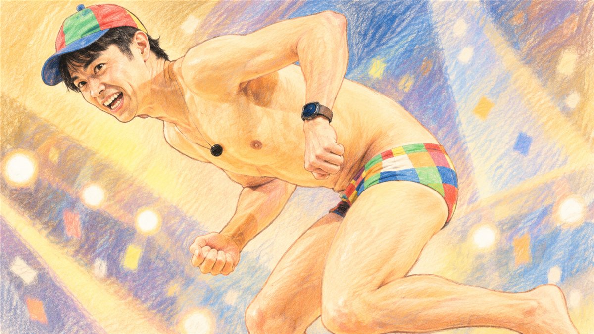 海パン姿で腰を落として構える小島よしおを、色鉛筆風に描いたイラスト