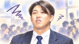 戦力外通告のあと報道陣の取材に応じる小園海斗選手のイラスト