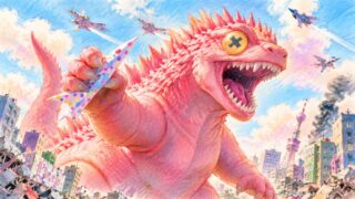 街で暴れるピンク色の怪獣を色鉛筆風に描いたイラスト