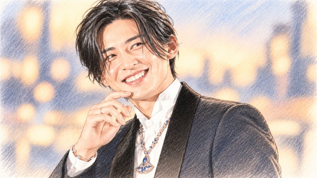 大阪城の点灯式に登壇したSnow Man目黒蓮をイメージした色鉛筆風のイラスト