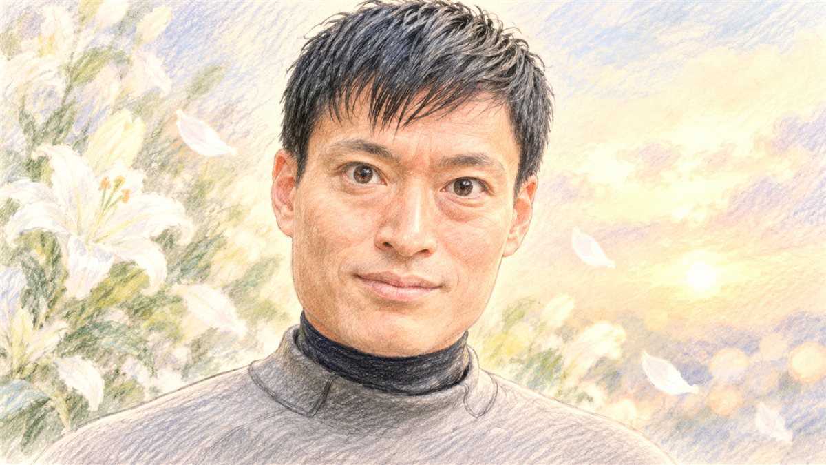 色鉛筆とパステルで描いた、俳優の望月祐治のやさしいイラスト