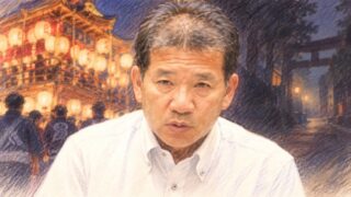 西条まつりの太鼓台と提灯を背景にした難波江明広副市長の色鉛筆風イラスト