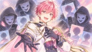 ピンクの髪の王子姿の青年と、仮面をかぶってスマホや顔の見えないカードを掲げる人たちを描いた色鉛筆とパステルのイラスト