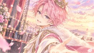 王冠をかぶったピンク髪の青年が、花びらの舞う夕暮れのバルコニーで手を差し出しているイラスト