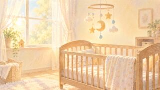色鉛筆とパステルで描いた、窓辺の空のベビーベッドと星と月のモビールがある子ども部屋のイラスト