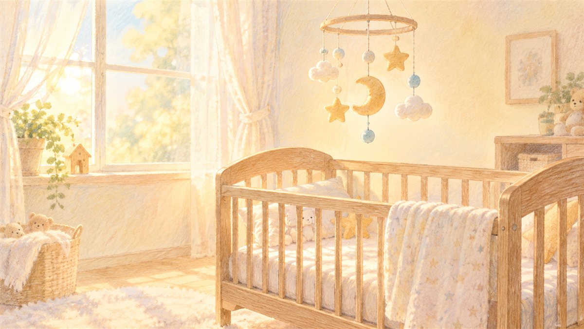 色鉛筆とパステルで描いた、窓辺の空のベビーベッドと星と月のモビールがある子ども部屋のイラスト