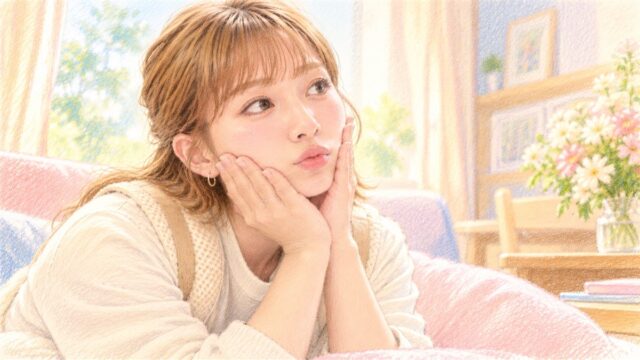 頬づえをついて窓の外を見る辻希美さんを色鉛筆とパステルで描いたイラスト