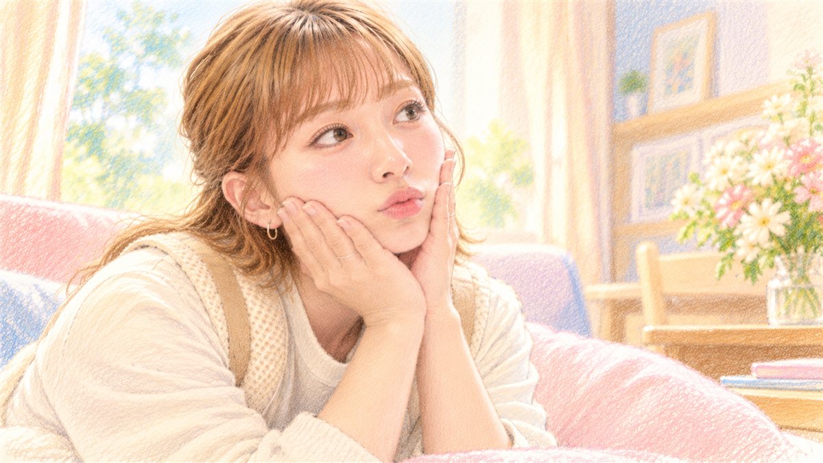 頬づえをついて窓の外を見る辻希美さんを色鉛筆とパステルで描いたイラスト